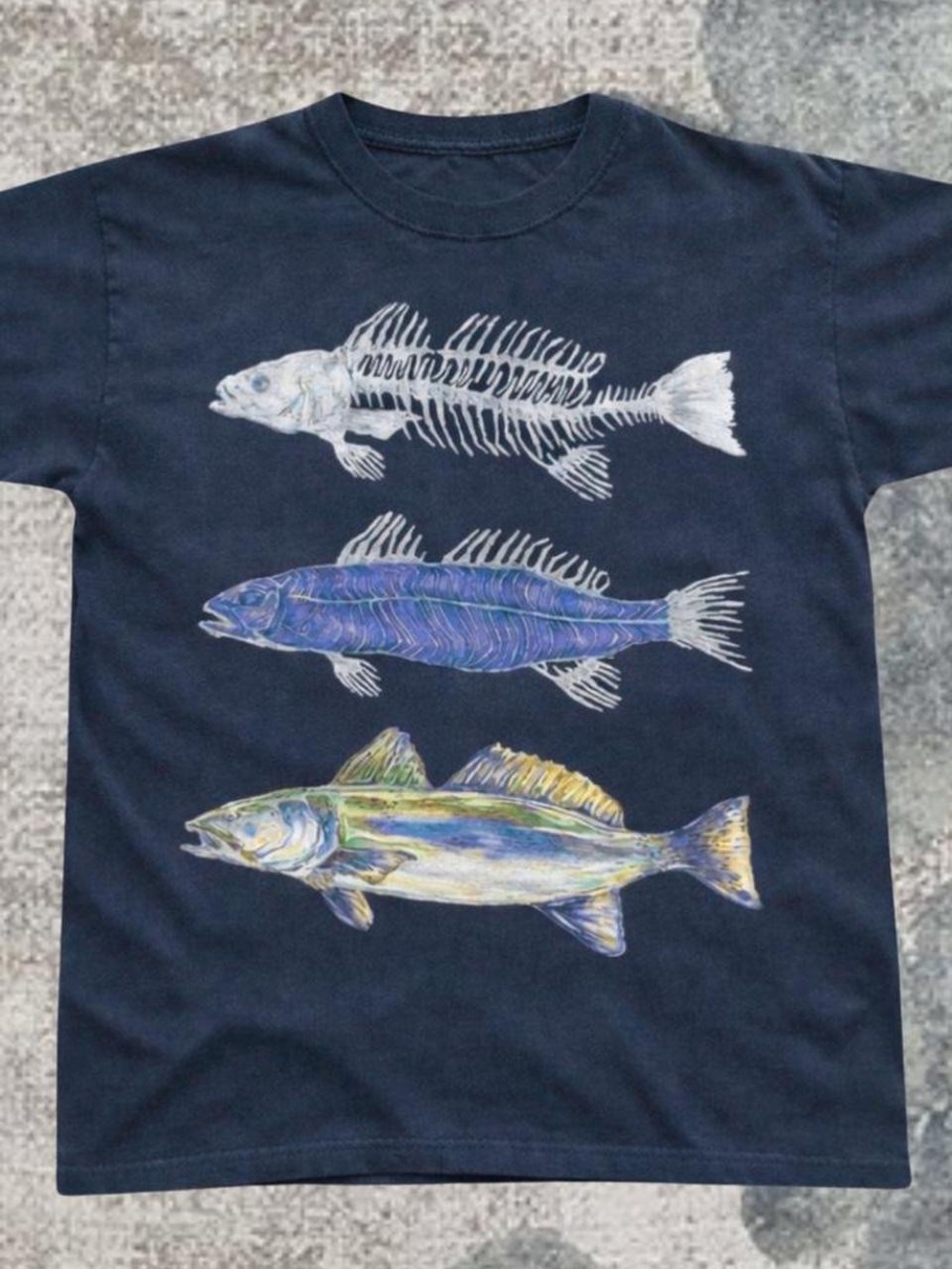Fish Illustration Graphic Tee - Navy Blue